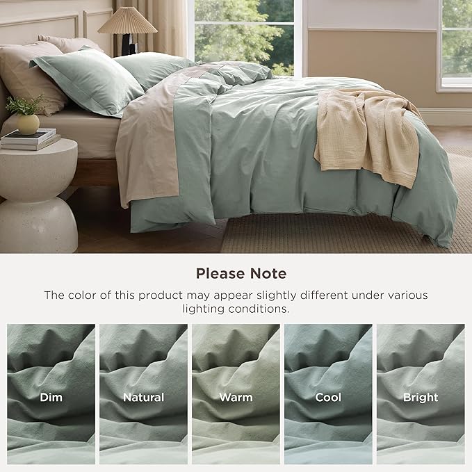 Bedsure 100% Washed Cotton Duvet Cover Queen Size - Sage Green Minimalist Bedding Set Linen Like - PureWoven Plain Simple & Soft Comforter Cover for All Seasons (Sage Green, Queen, 90"x90")