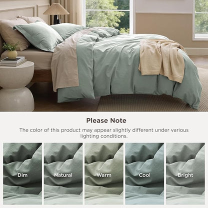 Bedsure 100% Washed Cotton Duvet Cover Queen Size - Sage Green Minimalist Bedding Set Linen Like - PureWoven Plain Simple & Soft Comforter Cover for All Seasons (Sage Green, Queen, 90"x90")