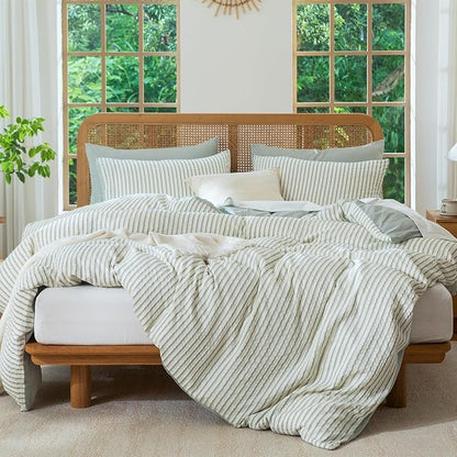 King Size Comforter Set Striped Soft Luxury Washed Microfiber Jacquard 3 Pieces Bedding, Grayish Green Vertical Ticking Stripes Pattern Comforter with 2 Pillowcases Breathable Durable Comfy