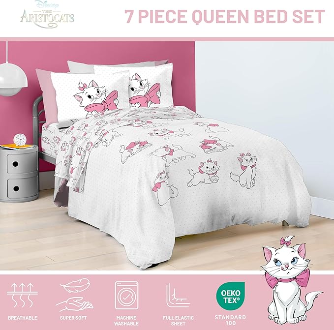 Jay Franco Kids Comforter Set Includes Sheets and Pillow Covers - Soft and Cozy Bed Set for Stylish Room Decor, White - Aristocats, 7 Piece Queen Size Bedding