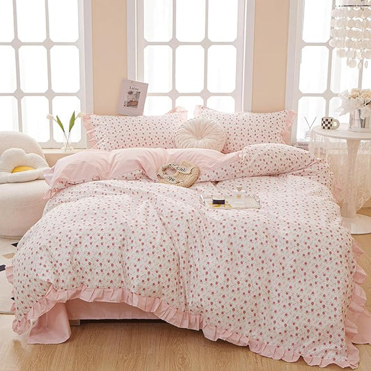 VM VOUGEMARKET 3 Pieces Ruffled Comforter Set with Pink Flower Pattern,1 Pink Striped Lace Comforter with 2 Pillow Shams for Teen Girls-68 x90,Twin XL