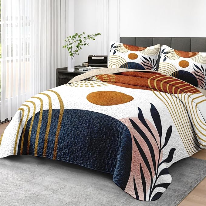 Quilt Set Twin Size, Gold Yellow Mid Century 2 Pcs Soft Bed Cover Bedding Set for Kids and Adults, Sun Boho Geometric Leaf Lightweight Bedspread Coverlet with Pillow Sham for All Season