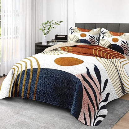 Quilt Set Twin Size, Gold Yellow Mid Century 2 Pcs Soft Bed Cover Bedding Set for Kids and Adults, Sun Boho Geometric Leaf Lightweight Bedspread Coverlet with Pillow Sham for All Season