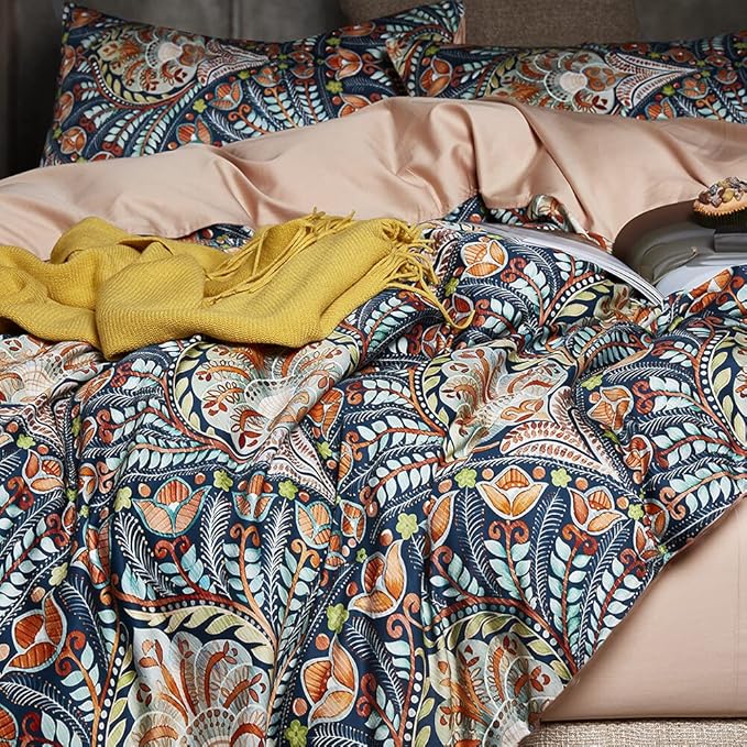 Cupocupa Queen Duvet Cover Set, Modern Industrial Luxury Bedding with Zipper Closure & Corner Ties, Soft Breathable Navy Teal Orange Floral Comforter Cover for Bedroom Guest Room Vintage Paisley
