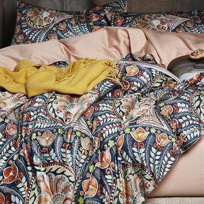 Cupocupa King Duvet Cover Set - 3pc Dark Navy Paisley Boho Bedding - Luxury Art Deco Floral Botanical Print, Soft Microfiber Reversible Quilt Cover with Pillowcases (King, 104"x90")
