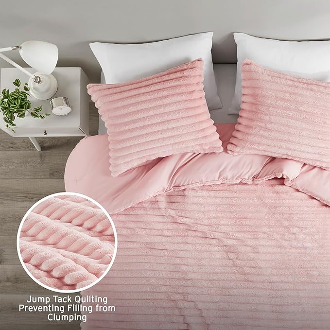 Intelligent Design King Comforter Set, Cozy Plush Bedding, Microfiber Reverse, 3 Piece, Lightweight, Super Soft Ribbed Velvet Comforter 2 Shams, All Season Fluffy Bed Set, Avril, King/Cal King Pink