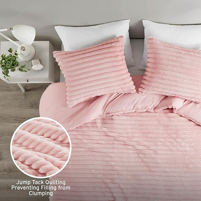 Intelligent Design King Comforter Set, Cozy Plush Bedding, Microfiber Reverse, 3 Piece, Lightweight, Super Soft Ribbed Velvet Comforter 2 Shams, All Season Fluffy Bed Set, Avril, King/Cal King Pink
