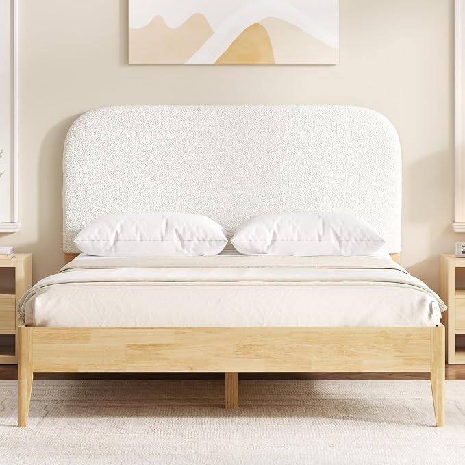 KISLOT Wood Bed Frame with USB & Type-C, Boucle Headboard, Cream, Queen | Platform Bed, Mattress Foundation, No Box Spring Needed, Easy Assembly