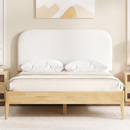 KISLOT Wood Bed Frame with USB & Type-C, Boucle Headboard, Cream, Queen | Platform Bed, Mattress Foundation, No Box Spring Needed, Easy Assembly