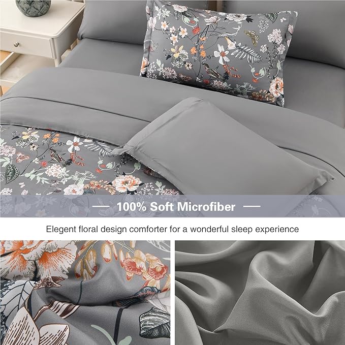 7 Piece King Comforter Set, Dark Grey Butterfly Floral Comforter Set with Flowers Leaves Pattern, Soft Microfiber Complete Bedding Set for All Season(Dark Grey, King)