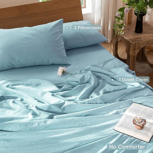 MooMee Bedding Duvet Cover Set 100% Washed Cotton Linen Like Textured Breathable Durable Soft Comfy (Heathered Light Blue, Queen 90"x90")
