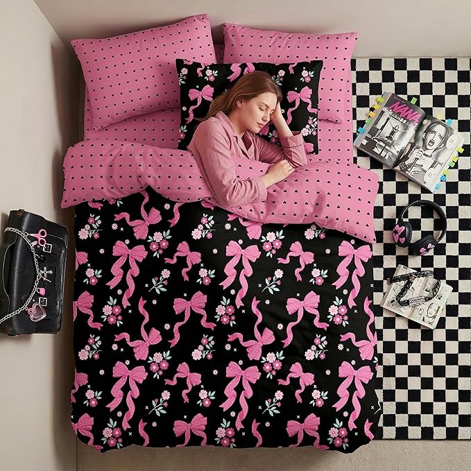 Pink Bow Comforter Set Twin Size, Black Pink Love Heart Bedding Set, 2 Pcs Soft Microfiber Priness Bed Set with 1 Pillowcase, 68"x86"
