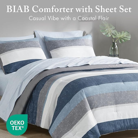Madison Park Essentials Jaxon Bed in a Bag Comforter Set with Sheet, Printed Stripe Design, Modern All Season Bedding and Matching Sham, California King Blue/Grey 7 Piece