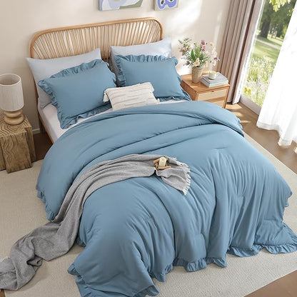 JANZAA Twin Comforter Set Mineral Blue Ruffle Comforter with 1 Pillowcase Soft Twin Size Bed Set Vintage Farmhouse Bed Comforter Set Fluffy Shabby Chic Bedding for All Season