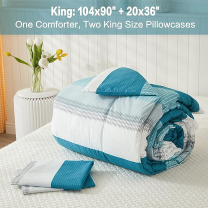 Litanika King Comforter Set White Teal - 3 Pieces Lightweight Fluffy Bedding Comforter Sets, All Season Down Alternative Comforter (1 Comforter, 2 Pillowcases)