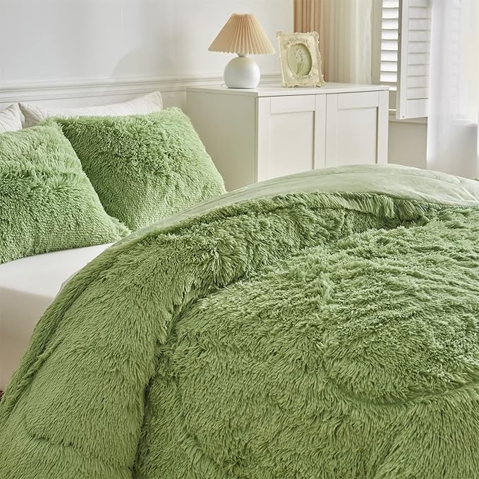 Wajade Faux Fur Plush White Comforter Set Fluffy Fuzzy Shaggy Bedding Set - 3PC Full/Queen Microfiber Soft Warm Quilt Set (Sage Green, Queen)
