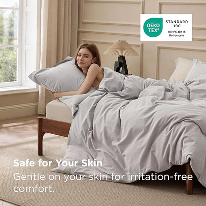 Bedsure 100% Washed Cotton Duvet Cover King - Light Grey Minimalist Bedding Set Linen Like - PureWoven Plain Simple & Soft Comforter Cover for All Seasons (King, 104"x90")