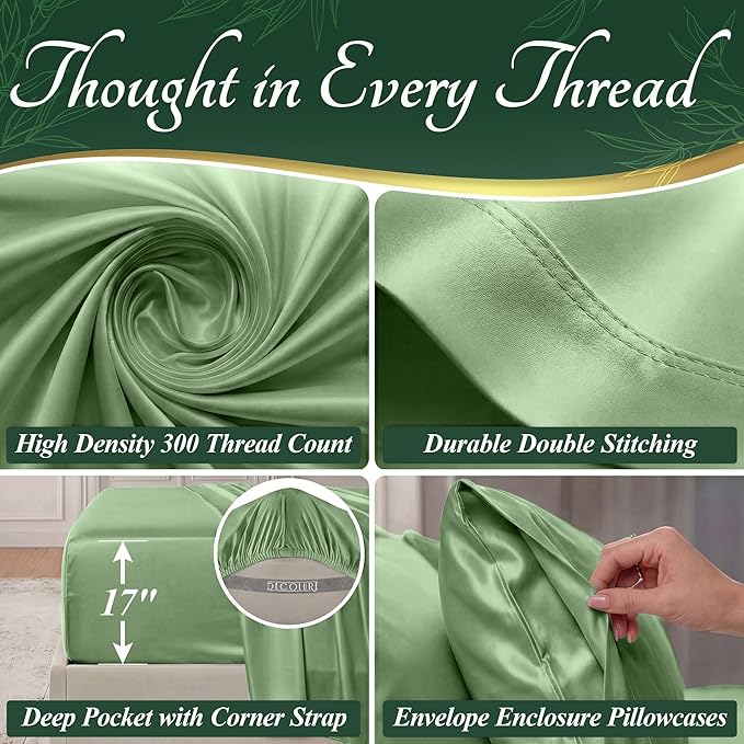DECOLURE 100% Viscose Derived from Bamboo Sheets Twin Size - Luxury 4 Pc Naturally Cooling Sheets, Ultra Soft Bed Set - Deep 17" Pockets, Durable Double Stitching, Oeko Tex Standard (Sage Green)