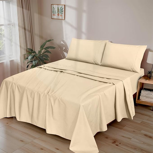 RUVANTI 100% Cotton Sheets – Twin XL Size Percale Bedding, Cooling & Breathable, Durable with a Crisp, Soft & Comfortable Feel, 16" Deep Pocket, 3-Piece Set, Beige