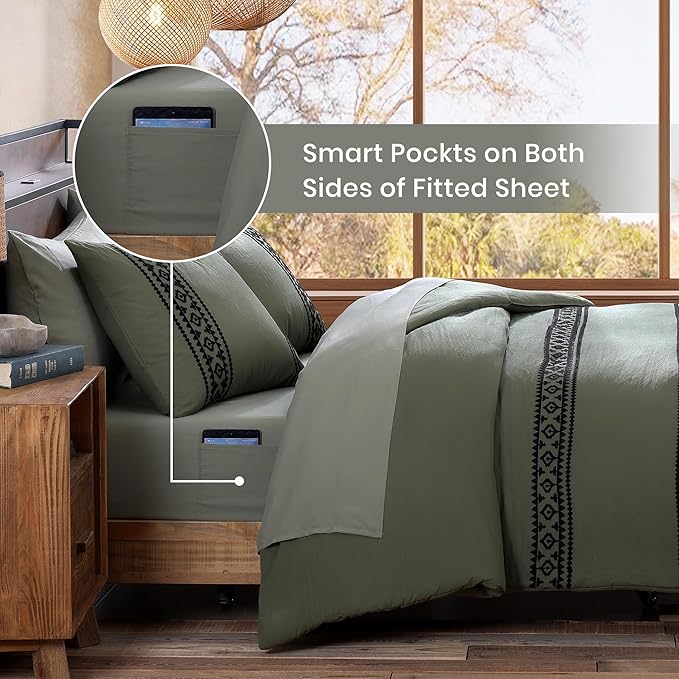 MaiRêve Embroidery Comforter Set, Boho Farmhouse Western Bedding Set, All Season Bed in A Bag Comforter Set with Sheets, Pillowcases & Shams, Olive Green Queen 7 Pieces