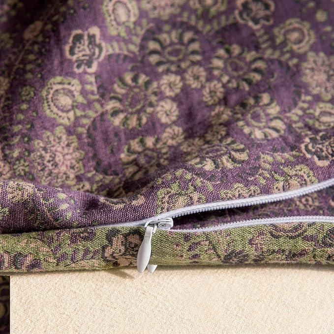 VM VOUGEMARKET Jacquard Flower Duvet Cover Twin,Purple Green Floral Duvet Cover Set Yarn-Dyed Cotton Boho Medallion Bedding Set,Retro Reversible Duvet Cover with Zipper Ties