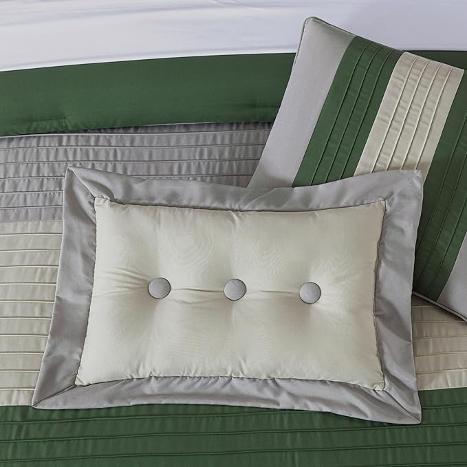 Chezmoi Collection Loft 8-Piece California King Comforter Set, Forest Green/Gray/Cream Luxury Striped Bedding for All Season