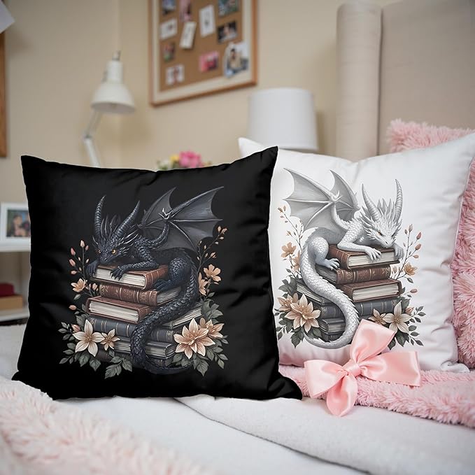 Vintage Magical Black White Dragon Reading Book Decor Throw Pillow Covers 18x18 Set of 2, Fantasy Room Decor for Kids, Gamers, and Bookworms,Reading Nook Decor, Gifts for Bookworm Readers(78)