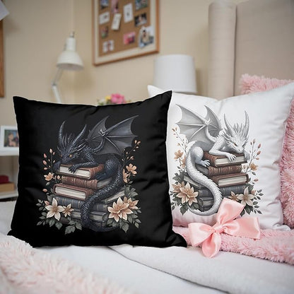 Vintage Magical Black White Dragon Reading Book Decor Throw Pillow Covers 18x18 Set of 2, Fantasy Room Decor for Kids, Gamers, and Bookworms,Reading Nook Decor, Gifts for Bookworm Readers(78)