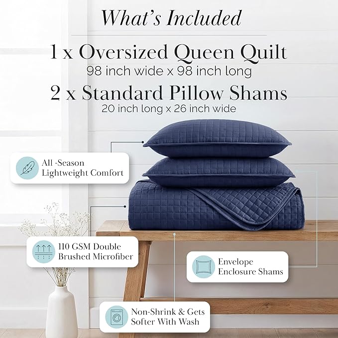 Southshore Fine Living, Inc. Summer Quilt Queen Size, Full Size Bedding Set, Pet Hair Resistant Bedding Coverlet Sets, Bedspreads Queen Size with 2 Pillow Shams, Quilted Comforter, Dark Blue Quilt