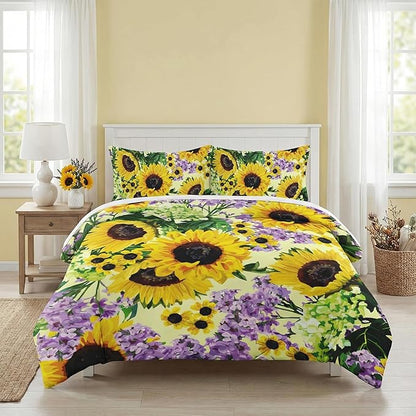 King Size Comforter Set with 2 Pillowcases, Retro Sunflower Yellow Floral Flower Soft 3 Pcs Bedding for Kids and Adults Bedroom Bed Decor