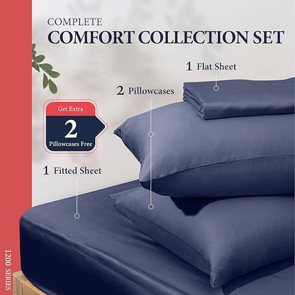 Ashton Sheets 100% Egyptian Cotton Sheets Queen Size - 1200 Thread Count Queen Size Sheets Set Egyptian Cotton, 4 PC Luxury Bedsheet (Navy Blue), Soft, Cooling, 17" Deep Pocket Sateen Bedsheet Set