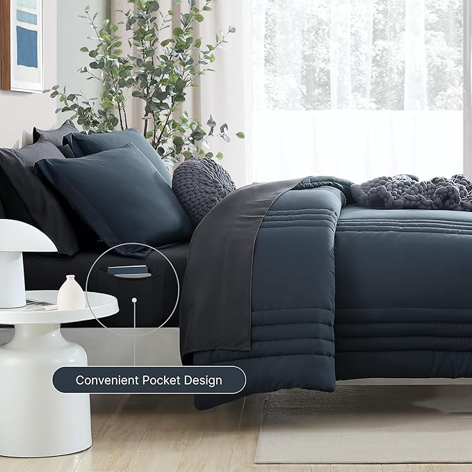 Monbix Oversized King Size Comforter Set - 7 Pieces Blue Gray Bed in a Bag Oversized King Bedding Sets with Comforter, All Seasons Comforter Bed Set with Sheets, Pillowcases & Shams