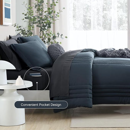 Monbix Oversized King Size Comforter Set - 7 Pieces Blue Gray Bed in a Bag Oversized King Bedding Sets with Comforter, All Seasons Comforter Bed Set with Sheets, Pillowcases & Shams