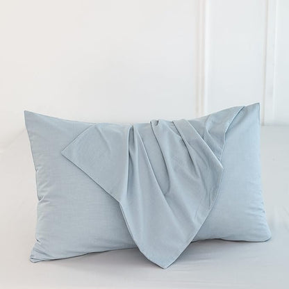 MooMee Bedding Pillowcases Pack of 2 100% Washed Cotton Linen Like Textured Breathable Durable Soft Comfy (Heathered Cornflower Blue, Queen)
