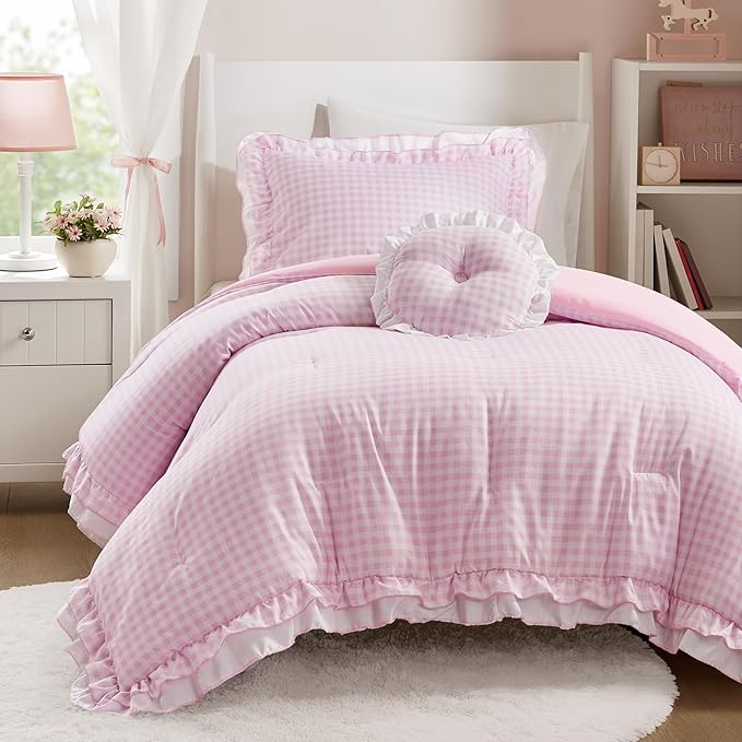 Intelligent Design Rowena Twin Comforter Set – Blush Pink Gingham Ruffled Bedding, Vintage Farmhouse Style, Reversible All Season 3-Piece Bedding Set, Twin/Twin XL, Gift for Her