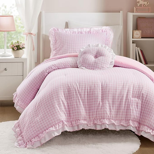 Intelligent Design Rowena Twin Comforter Set – Blush Pink Gingham Ruffled Bedding, Vintage Farmhouse Style, Reversible All Season 3-Piece Bedding Set, Twin/Twin XL, Gift for Her