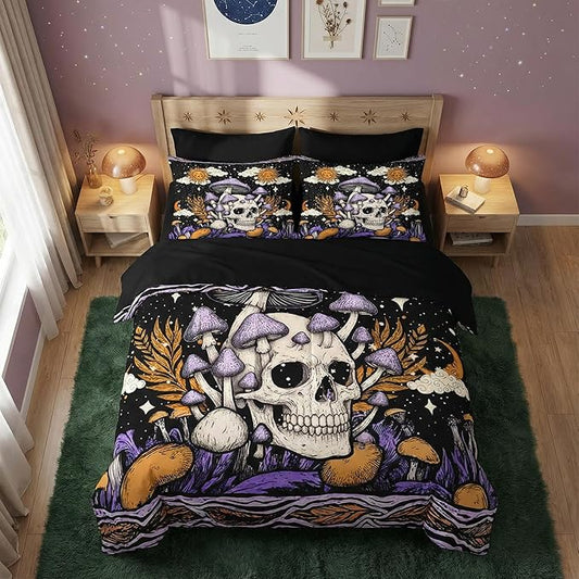Nesker Comforter Set Full Size, Skeleton Tarot Astrology 7 Pcs Bedding for Kids and Adults, Purple Mushroom Bed Sheet Sets with Fitted Sheet 2 Pillowcases & 2 Shams