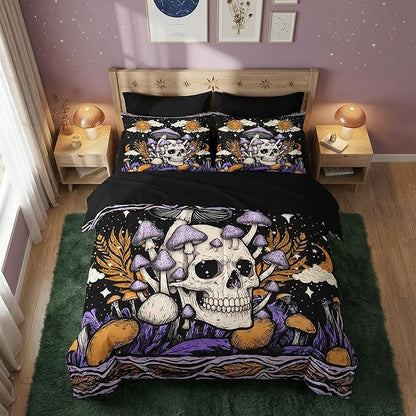 Nesker Comforter Set Queen Size, Skeleton Tarot Astrology 7 Pcs Bedding for Kids and Adults, Purple Mushroom Bed Sheet Sets with Fitted Sheet 2 Pillowcases & 2 Shams