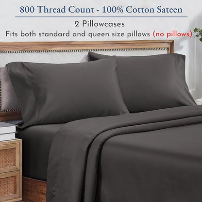 Heirloom Soft, Smooth & Thick Certified 800 Thread Count 100% Cotton Sateen, 2 Pillow Cases Standard Size Fits Standard & Queen Size Pillows (Grey)