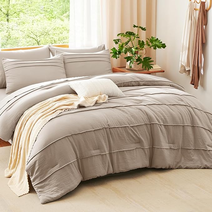 CozyLux Queen Comforter Set Wheat, 7 Pieces Soft Pinch Pleat Bed in a Bag Queen Comforter Set with Sheets, Boho Bed Set with Down Alternative Comforter, Sheets, Pillowcases & Shams