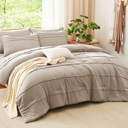 CozyLux King Size Comforter Set Wheat, 7 Pieces Soft Pinch Pleat Bed in a Bag King Comforter Set with Sheets, Boho Bed Set with Down Alternative Comforter, Sheets, Pillowcases & Shams