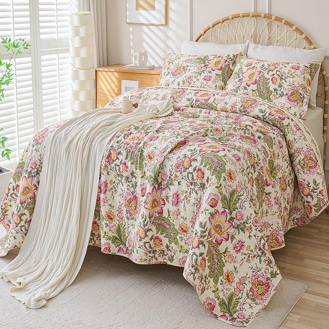Cmfshape Floral Quilt Sets Bedspread Set 100% Cotton Bedding Set, All Season Use Lightweight Reversible Coverlet Quilts with 2 Pillow Shams(King 106"x96")