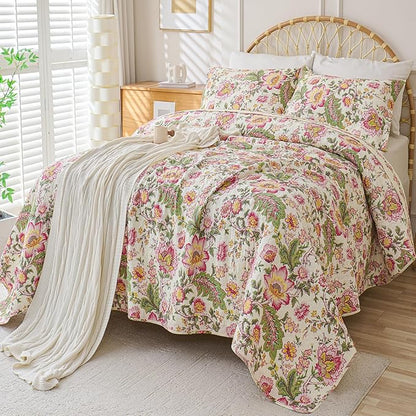 Cmfshape Floral Quilt Sets Bedspread Set 100% Cotton Bedding Set, All Season Use Lightweight Reversible Coverlet Quilts with 2 Pillow Shams(King 106"x96")