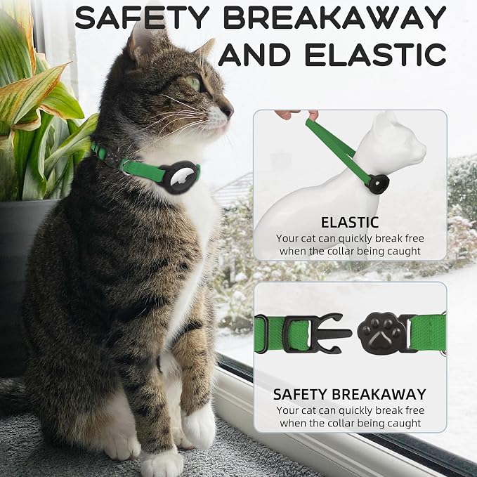 AirTag Cat Collars, Stretchy Collar with AirTag Holder and Bell | Breakaway - Ultra Design Elastic - GPS Tracking Collars - Adjustable Size for Cats & Puppies 7.5-12.5" - (Emerald Green)