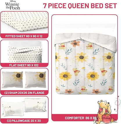 Jay Franco Disney Winnie The Pooh Queen Comforter Set - 7 Piece Bedding Includes Sheet Set & Pillow Covers - Super Soft Cozy Floral Bedding