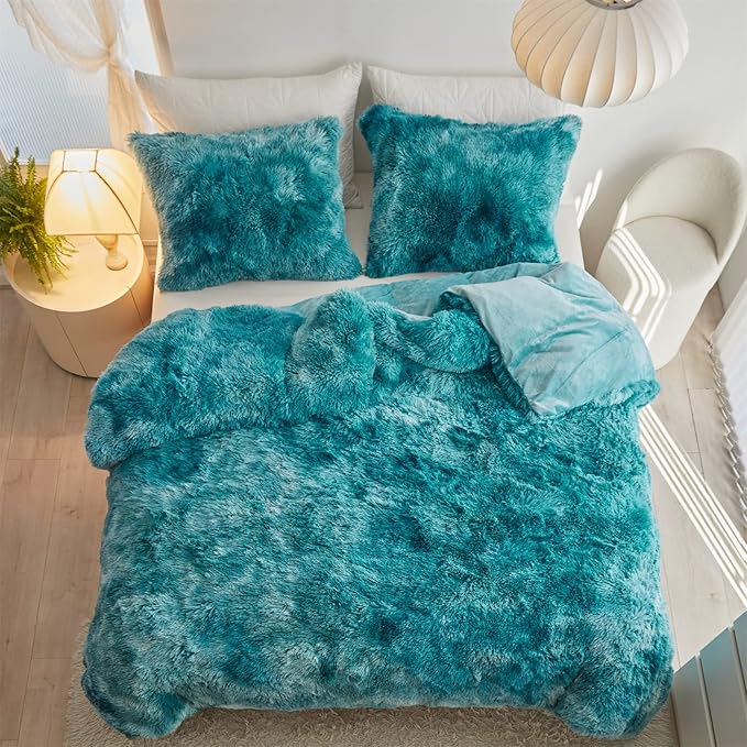 Wajade Faux Fur Plush White Comforter Set Fluffy Fuzzy Shaggy Bedding Set - 3PC Full/Queen Microfiber Soft Warm Quilt Set (Tie Dye Teal, King)