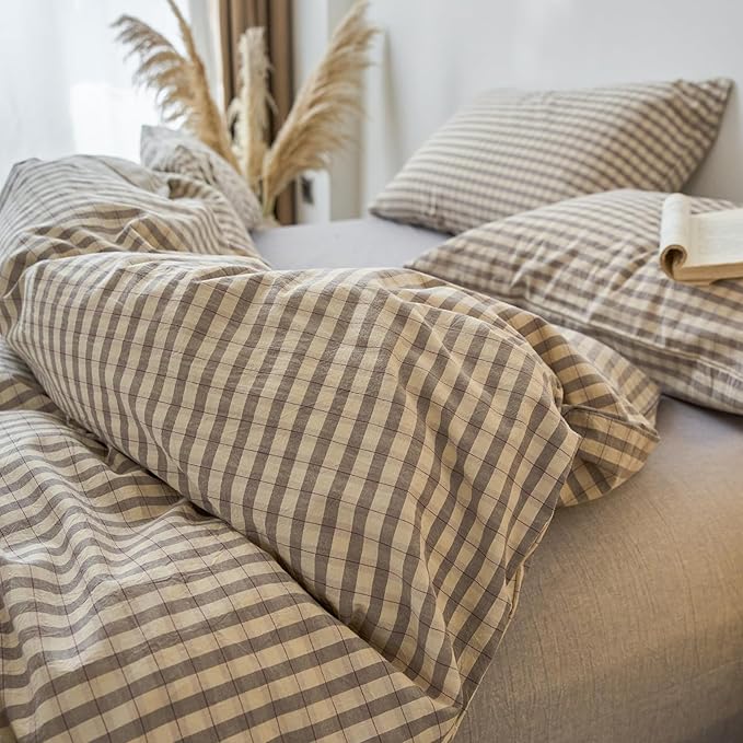 LifeTB Grey Gingham Duvet Cover Full Size 3 Pieces Grey Beige Grid Duvet Cover 100% Washed Cotton Plaid Checkered Comforter Cover Luxury Soft Breathable Farmhouse Gingham Bedding Set Full
