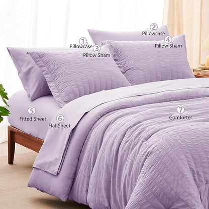 CozyLux Queen Comforter Set Light Purple Seersucker 7 Pieces Bed in a Bag Queen Comforter Set with Sheets, Lavender Luxury Bedding Sets with Down Alternative Comforter, Sheets, Pillowcases & Shams