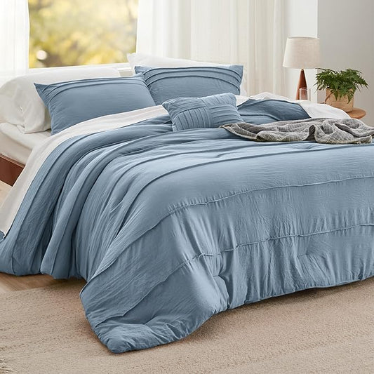 Bedsure Full Comforter Set - 4 Pieces Pinch Pleat Bed Set, Light Blue Boho Bedding for All Season, 1 Soft Comforter, 2 Pillowcases, 1 Decorative Pillow