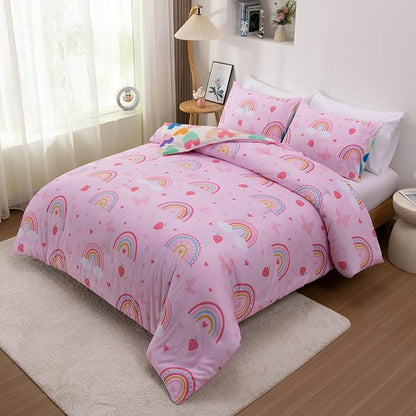 Btargot Lightweight Soft 3 Piece Rainbow Comforter Set with 2 Pillow Covers, Cartoon Butterfly Leaves Flowers Bedding Set for Girls Boys Kids, Full Pink